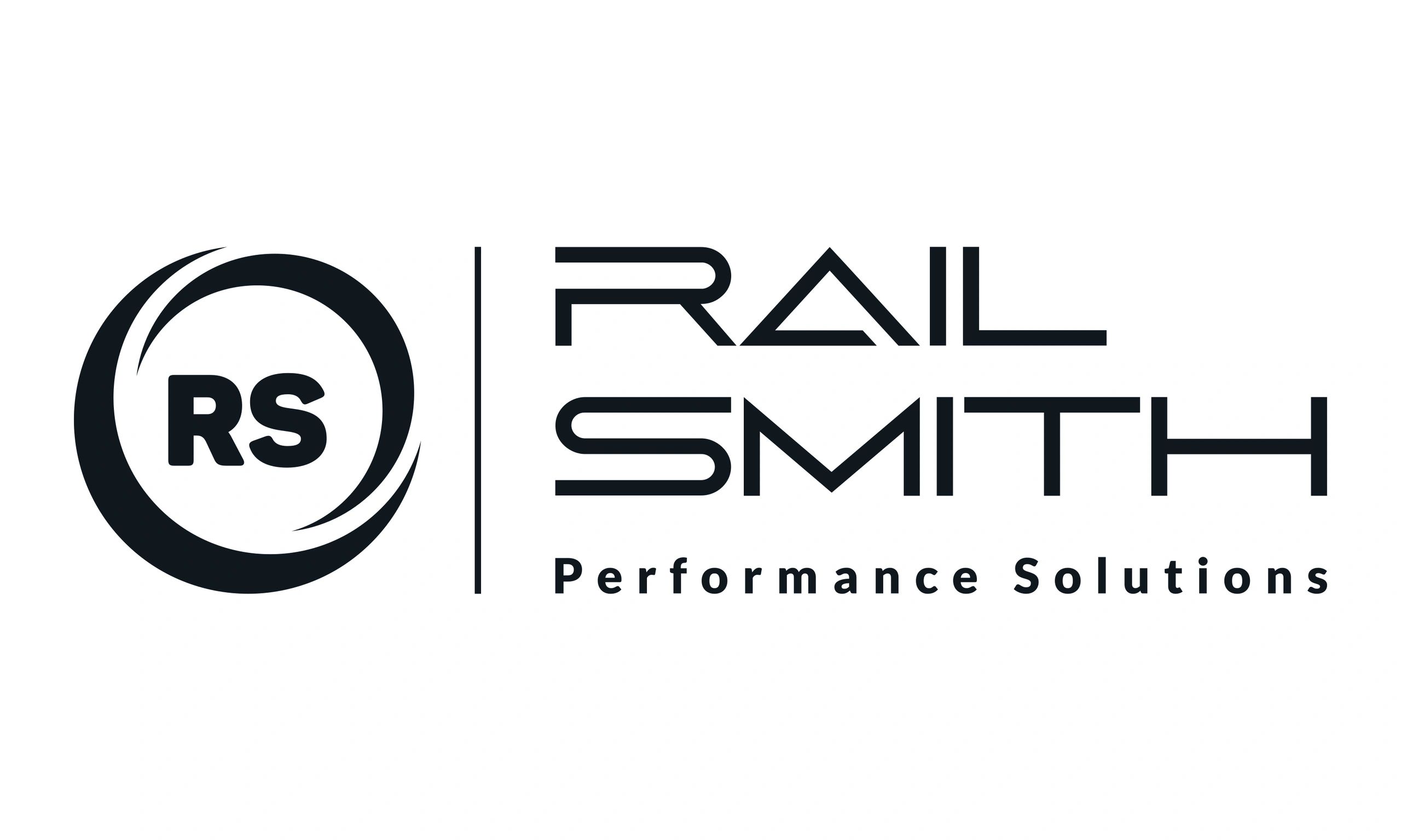 A black and white logo of rail smith