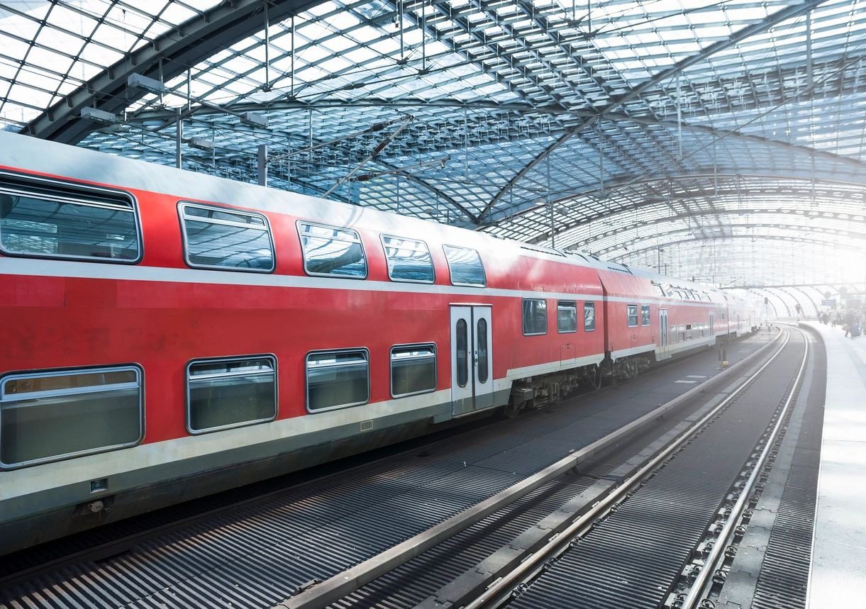 A train is traveling through the station.